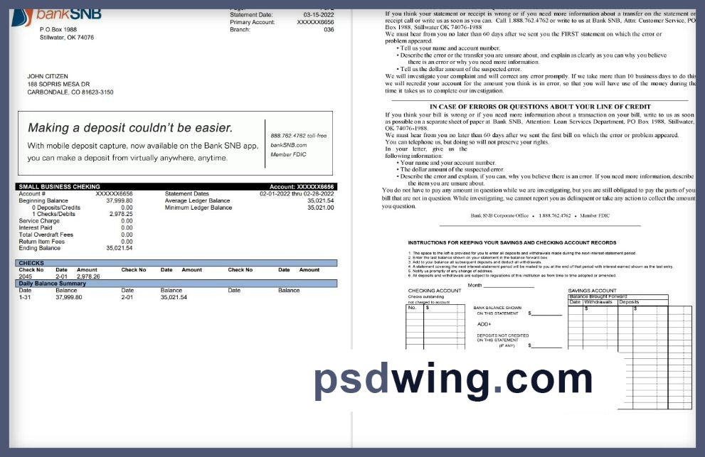 USA Oklahoma SNB Bank Statement (2 Pages, Word)